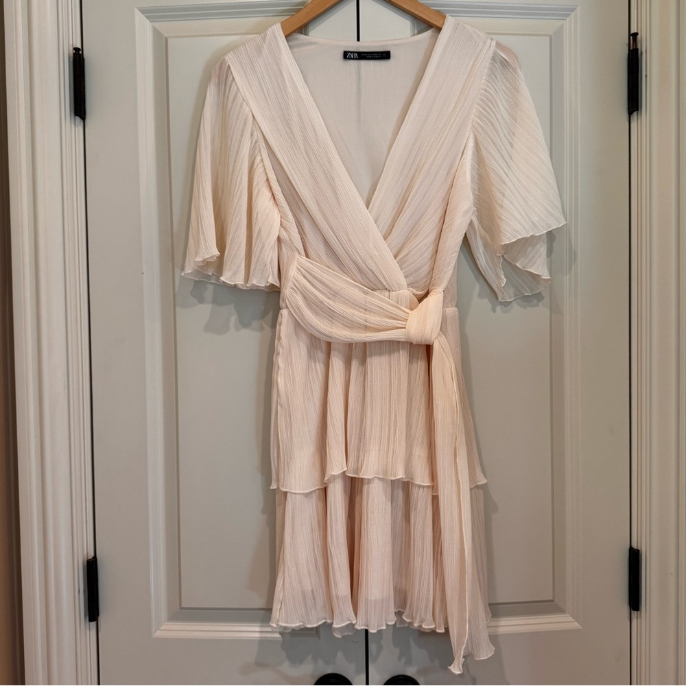 Zara Cream Wrap Dress with Flutter Sleeves, XS